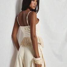 Top con cuello en V, abotonado, con estilo sastre, dobladillo con flecos y borlas, lindo, elegante para vacaciones, salidas nocturnas, primavera y verano - Negro - Ver 3