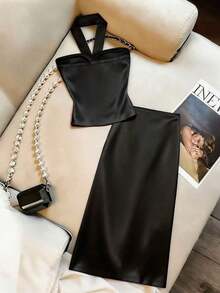 Conjunto de falda y blusa de satén con pliegues en la cintura, estilo de oficina, adecuado para ir al trabajo, eventos sociales ligeros, fiestas, salidas diarias, citas y otras ocasiones - Negro - Ver 2