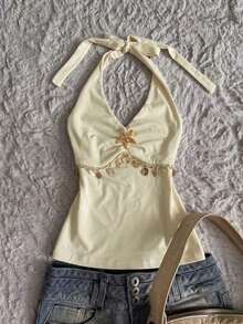 Women's Backless Halter Top With Decorative Starfish Pendant - Yellow - View 3