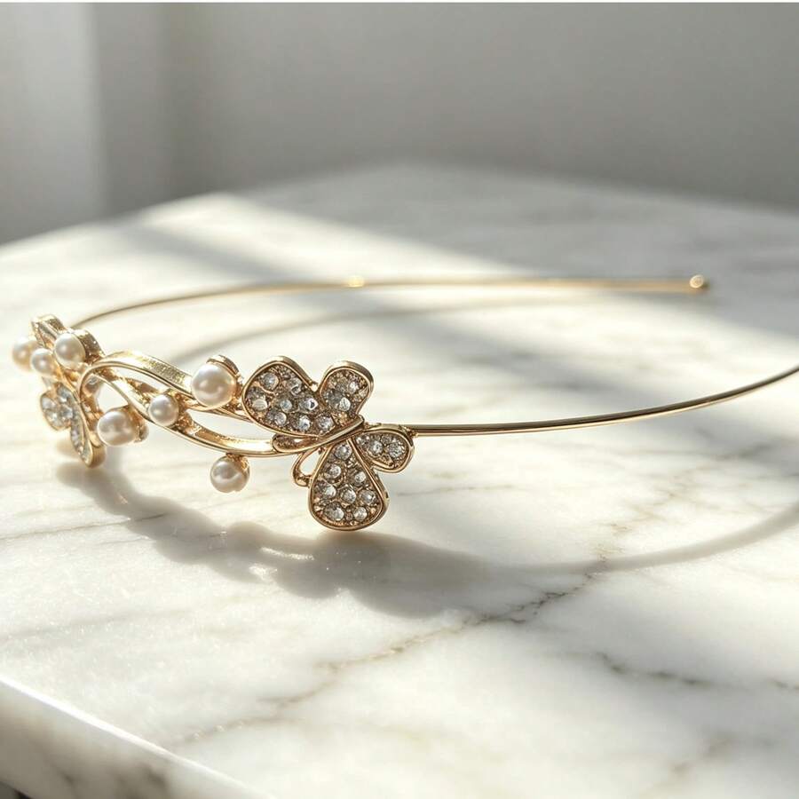 Gold Thin Headband With Rhinestone Butterfly & Pearl Decor, Romantic And Elegant Hairband - Gold - View 1