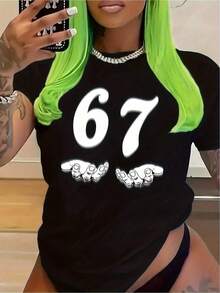 playeras de mujer algodon Camiseta De Gran Tamaño Con Estampado De Número 67 Para Mujer: Top Informal De Verano Con Cuello Redondo, Ligero Y Transpirable, Con Gráfico De Números Y Manos, with Number 67 >ropa - Negro - Ver 2