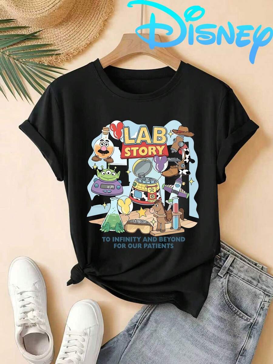 Disney Toy Story Lab Story Fun Printed T-Shirt Round Neck Short Sleeve, Suitable For Everyday Wear, Easy To Wear In Summer, Micro-Elastic, Breathable, Outdoor Holiday, Gift T-Shirt, Holiday Gift, Perfect Gift - Black - View 1