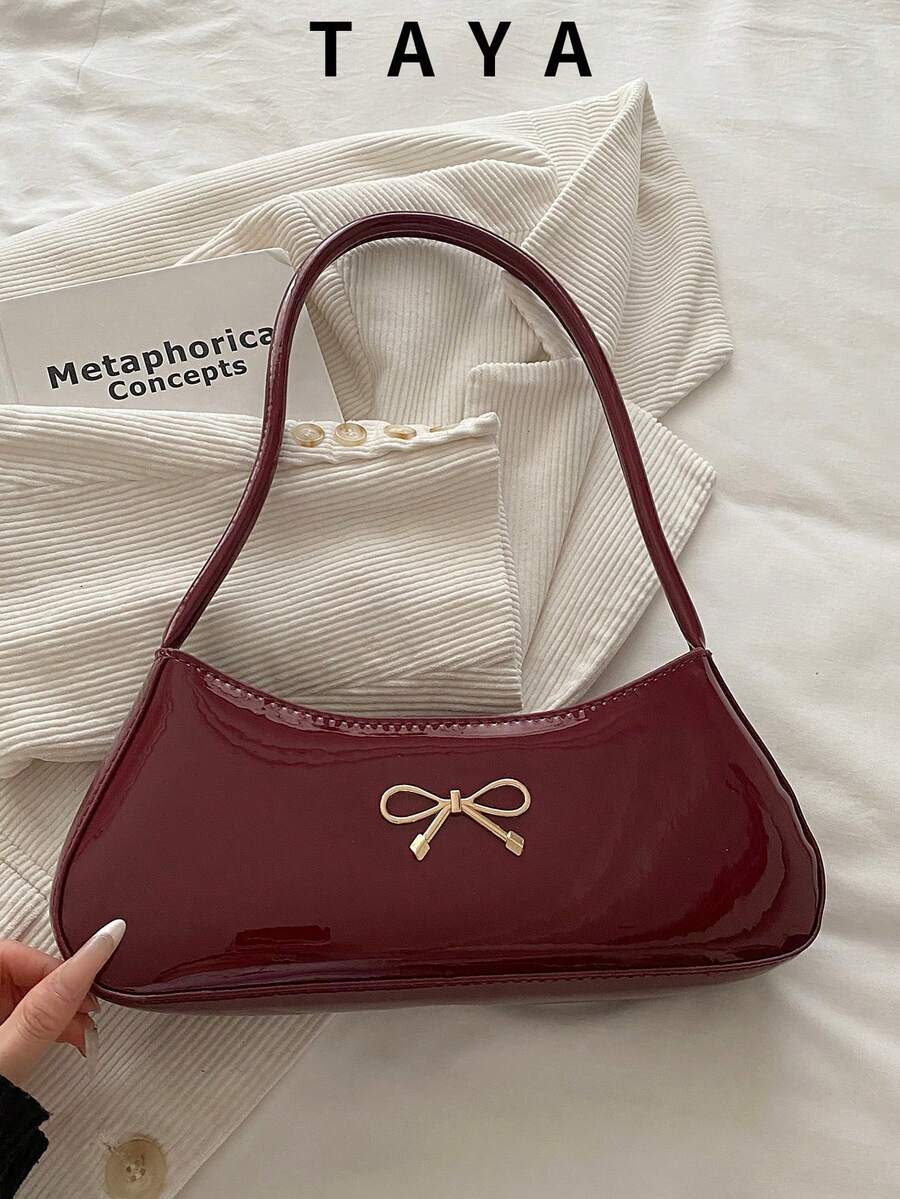 Bolsa de Axilas Brilhante de PU Fashion, Bolsa de Ombro Elegante Feminina com Laço e Decoração Metálica, Bolsa Minimalista de Cor Sólida Adequada para Festa, Encontro, Uso Casual Diário