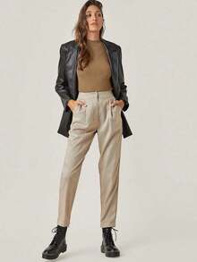 BASICS Blusa de mujer de unicolor con cuello mao, manga corta, de estilo sencillo y casual - Caqui - Ver 5