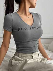 Camiseta de mujer de manga corta y cuello redondo, informal, con estampado de letras para el verano, camisetas gráficas - Gris 3 - Ver 1