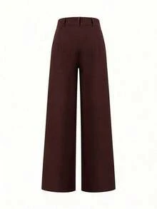 Pantalones Con Pierna Ancha Y Pliegues En Color Sólido Con Bolsillos Diagonales - Morado - Ver 2