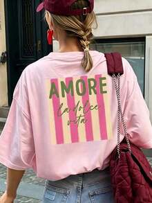 Short-Sleeved T-Shirt With Round Neck, AMORE Vertical Stripe Print, Casual Style, Loose And Versatile, For Women, Ideal For Daily Use And Holidays, White Color. - 粉色 - 查看 8