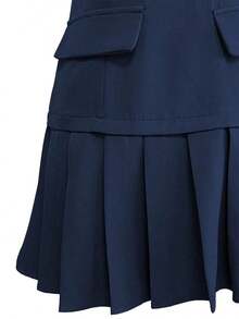 Vestido de tejido blanco de corte elegante, estilo francés, con cuello redondo, sin mangas, cinturón en la cintura, dobladillo plisado para mujeres, ideal para primavera/verano, negocios casuales, graduación - Azul marino - Ver 4