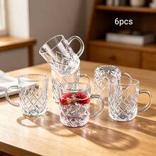 6pcs Rhombus Embossed Glass Cups With Handles, 7.2cm High Transparent Water Glasses - Transparent - View 5