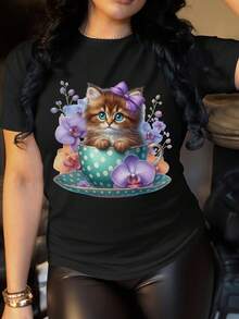 Camiseta de talla para mujer con estampado floral y de gatitos - top de verano cómodo de manga corta y cuello redondo en color negro, adecuado para uso casual durante todo el año, con diseño de gato de ojos azules y lunares, lavable aáquina, para uso diario y como regalo para amantes de los gatos, ropa casual, costuras duraderas, camiseta ligera, camiseta estampada - Camiseta unisex de algodón de manga corta y cuello redondo, estilo vintage urbano. - Negro - Ver 5