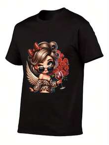 Size, Basic Style To Boost Body Confidence: Women's Printed T-Shirt, 100% Cotton. | Breathable Short-Sleeved Crew Neck T-Shirt, Vibrant Print Design For Spring And Summer, Fun Style, Comfortable And Well-Fitting - Unisex Loose-Fitting Short-Sleeved Crew Neck Cotton T-Shirt In An Urban Vintage Style. - 黑色 - 查看 5