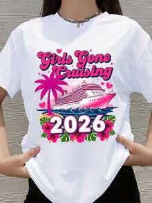 100% algodón, Camiseta de mujer, Camiseta de crucero "Girls Gone Cruising 2026", Regalo de viaje de verano para amigas, Atuendo para despedida de soltera, Diseño de paraíso tropical - Blanco - Ver 1