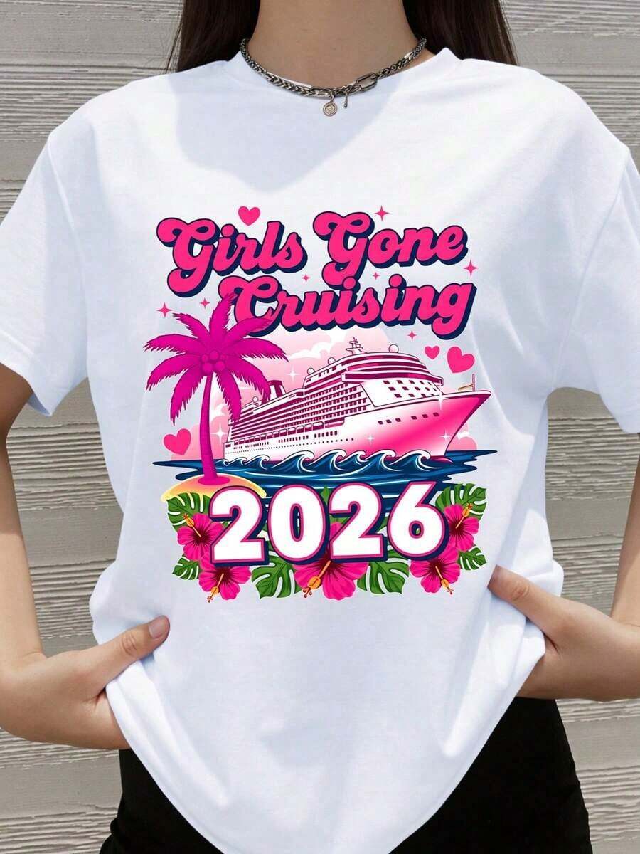 100% algodón, Camiseta de mujer, Camiseta de crucero "Girls Gone Cruising 2026", Regalo de viaje de verano para amigas, Atuendo para despedida de soltera, Diseño de paraíso tropical - Blanco - Ver 1