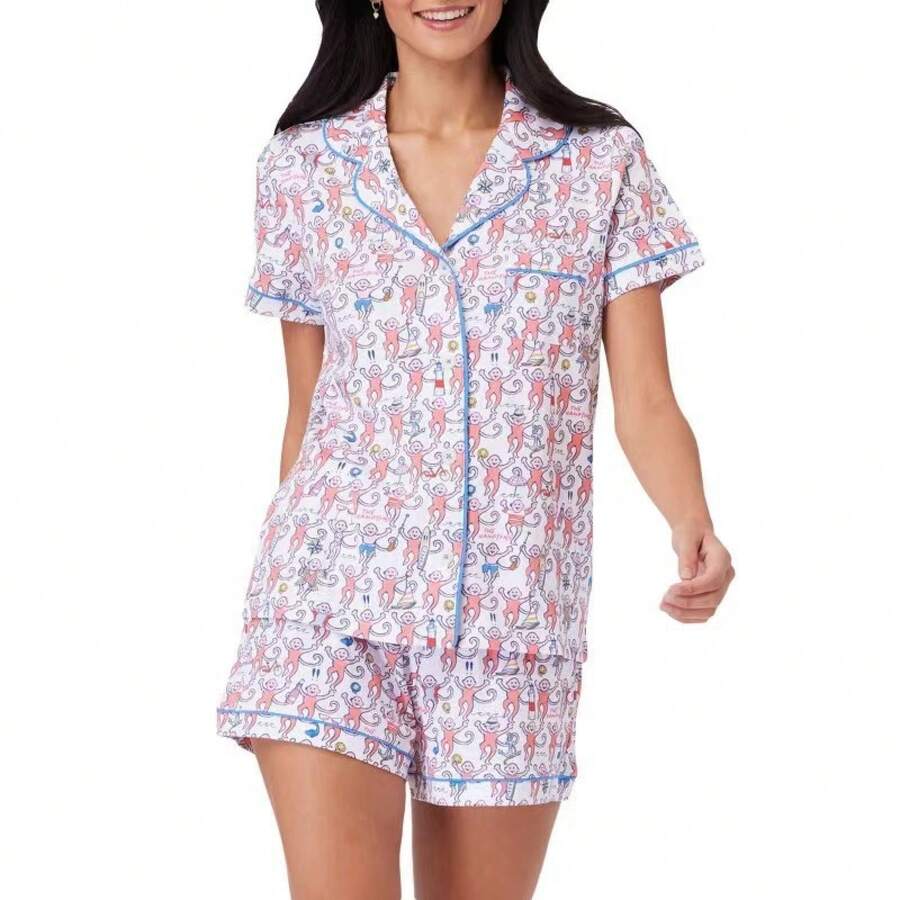2-Pcs Women's Pajama Set Heart Print Notch Collar Short Sleeve Button-Down Top & Shorts Loose Comfy Skin-Friendly Loungewear Casual Home Dorm Wear - 12-粉蘭色猴子 - 查看 1