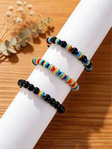 Rainbow Bead Bracelets For Pride Month – Colorful LGBTQ+ Jewelry Gift Set With Black Accent Beads, Adjustable Waterproof Design Couple's Gift , Fashion Accessory For Pride Festival - Colorful - View 1