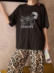 Gongdie Bộ đồ ngủ nữ Snoopy 2 món, bộ đồ ngủ cotton mùa xuân/hè tay ngắn quần dài, áo đen phối quần họa tiết da báo, đồ mặc nhà rộng rãi in hình hoạt hình dễ thương. - màu đen - Xem 5