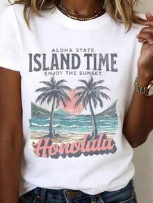 Camiseta Blanca con Estampado de Palmeras y Atardecer en Honolulu, Estilo Aloha, para Vacaciones en la Playa y Ropa Casual de Veranoblusa casual mujer - Blanco - Ver 1
