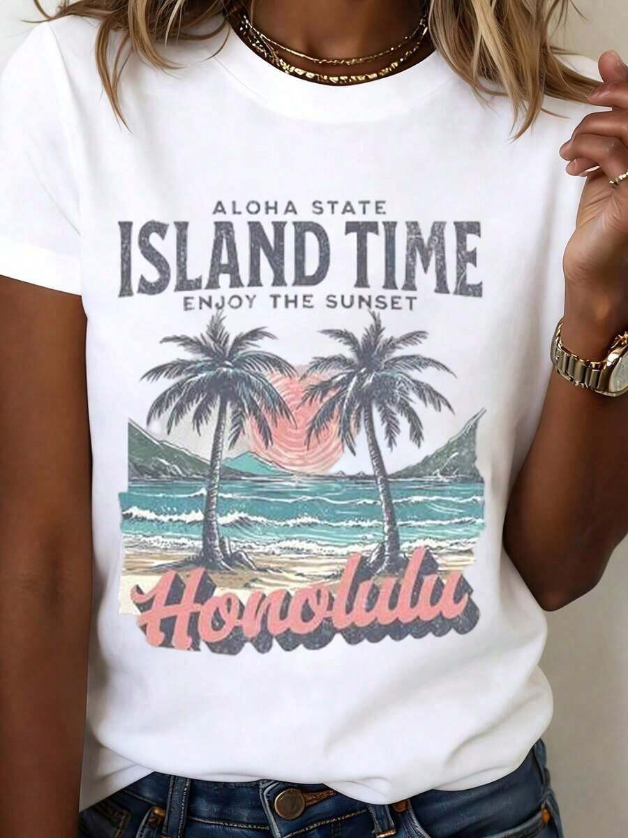 Camiseta Blanca con Estampado de Palmeras y Atardecer en Honolulu, Estilo Aloha, para Vacaciones en la Playa y Ropa Casual de Veranoblusa casual mujer - Blanco - Ver 1