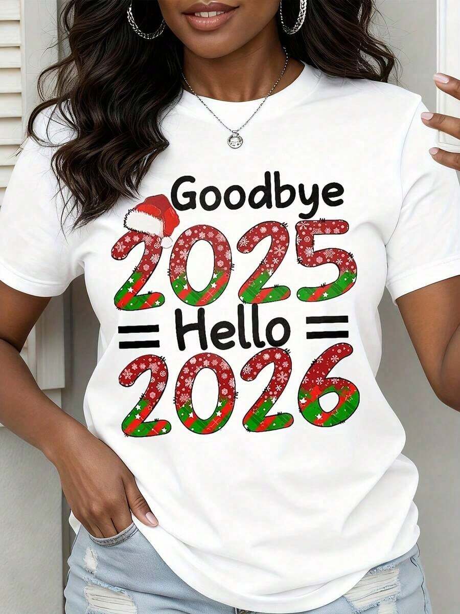 Camiseta Casual Minimalista "Adiós 2025" - Camiseta Gráfica de Celebración de Año Nuevo para Mujer - Camiseta de Temporada Festiva - Estilo Urbano Vintage Unisex - Camiseta de Manga Corta de Algodón 100% Algodón - Blanco - Ver 1