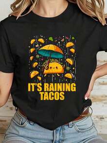 Camiseta Casual 100% Algodón con Estampado 'It's Raining Tacos' para Amantes de los Tacos, Niños y Niñas, para Mujer - Negro - Ver 7