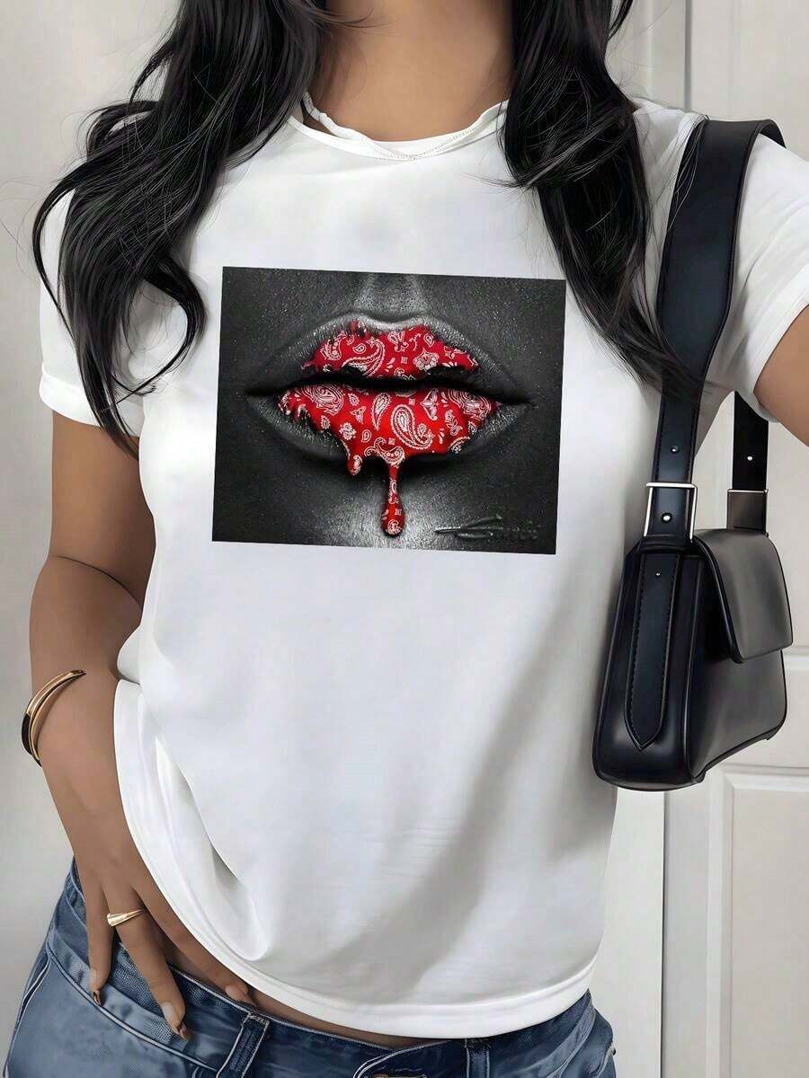 Camiseta con Estampado Gráfico de Labios Rojos con Diseño Paisley, 180g, 1 Pieza, Camiseta Casual de Mujer 100% Algodón, Estilo Streetwear - Blanco - Ver 1