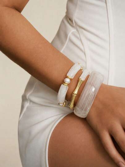 3pcs Elegant Vintage Bamboo Knot Resin Wide Bangle Set, Fashionable Minimalist Bracelet Suitable For Daily, Party, Dating, Gift Choice