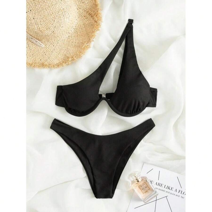 Nuevo y popular traje de baño de dos piezas para mujer, sexy y multicolor, bikini de un solo hombro con aros. - Negro - Ver 1