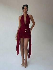 New Green Mesh Mini Dress With Deep V-Neck, Halter Neck, Open Back, Fitted, Asymmetrical Ruffle At The Hem, Ideal For Parties, Music Festivals, Weddings And Beach Holidays, Also Perfect For St. Patrick's Day And Music Festivals With Bohemian Style - 白色 - 查看 6