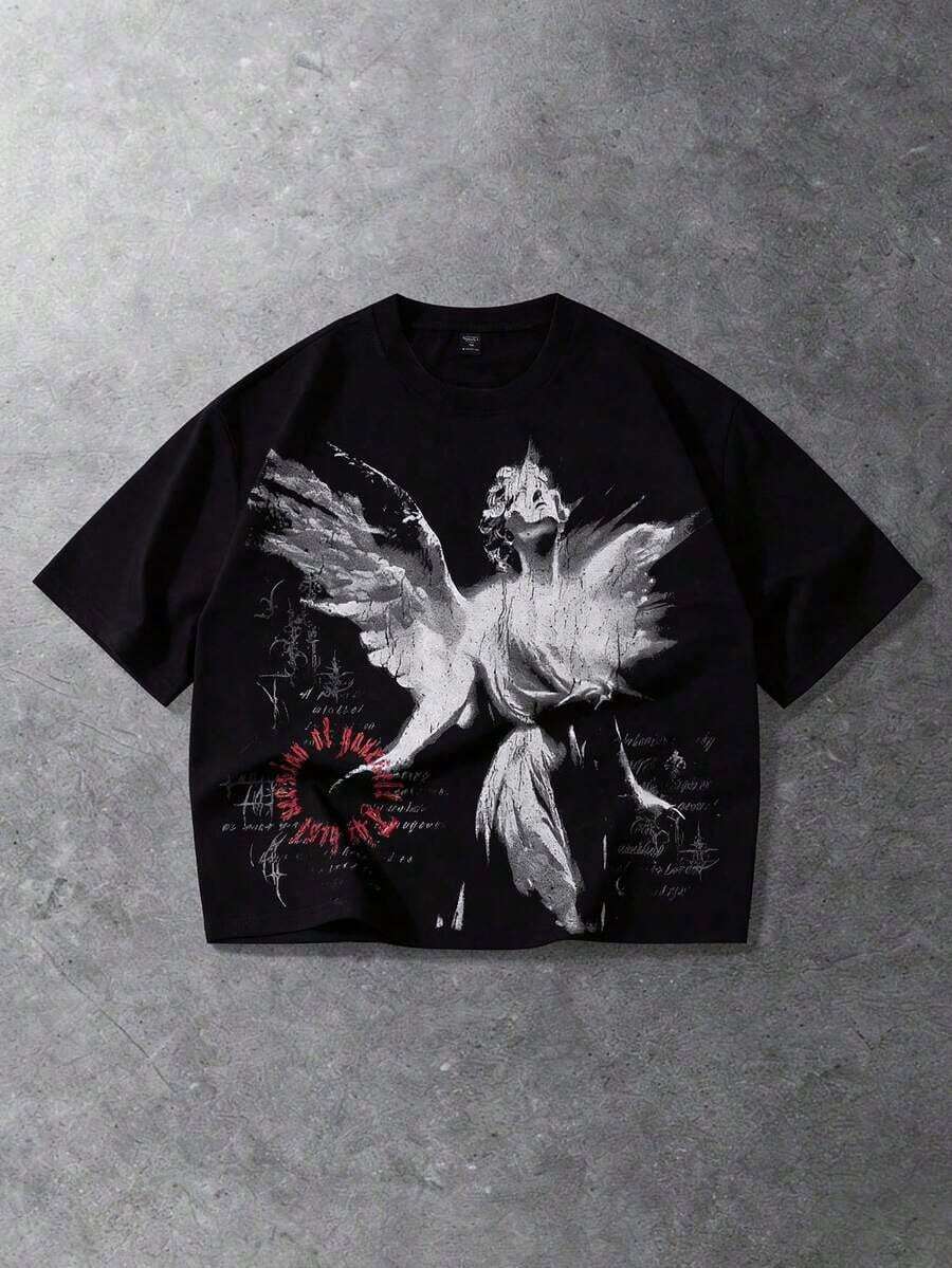 ROMWE MEN Anime Camiseta de hombre de estilo corto con hombros caídos y estampado - Negro - Ver 1