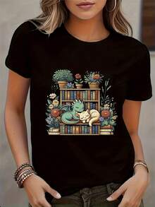 Women's T-shirt Camiseta Casual de Manga Corta para Mujer - Estampado cómodo con un diseño de un gato leyendo un libro y motivos florales, tela suave y transpirable, cuello redondo con corte regular, lavable a máquina, adecuada para todas las estaciones, un regalo para amantes de los libros, diseño divertido con material semitransparente. - Negro - Ver 7