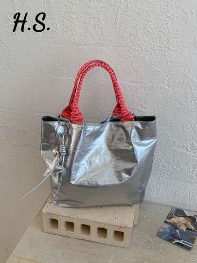 New Fashion Silver Color Large Capacity Lightweight Shoulder Tote Bag With Star Pendant, Suitable For Casual, Beach, School, Shopping, Commuting, Gift For Girlfriend