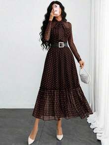 Vestido elegante, sexy y romántico de lunares retro de doble capa con lazo, adecuado para el trabajo, citas y vacaciones de primavera - Cafetería - Ver 2