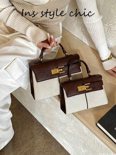 Geantă de mână Kelly din pânză PU cu blocuri de culori pentru femei, geantă mini crossbody din două tonuri, design ușor și portabil, perfectă pentru naveta la birou, cumpărături zilnice, întâlniri casual, plimbări de weekend, excursii scurte, ideală pentru doamne de birou, femei care lucrează, studente, femei la modă