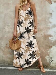 Vestido femenino con tirantes finos y estampado de flores elegante - Albaricoque - Ver 3
