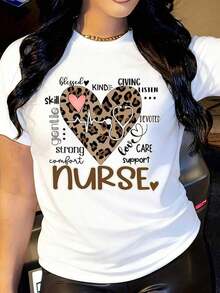 Short-Sleeved T-Shirt With A Round Neck, Leopard Print Heart Design, And A Nurse Motif. Suitable As A Gift. Women's T-Shirt. Elegant Blouses. Boho Chic Style. Soft, Breathable, And Comfortable Women's Top, Ideal For Spring, Summer, And Autumn, Perfect For Vacations, Travel, And Everyday Wear. - 白色 - 查看 6