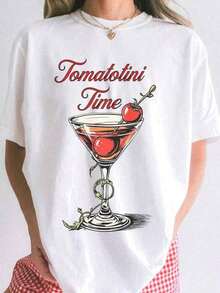 Women's% Cotton Funny Cocktail-Shirt Crew Neck Tomato Lover Foodie Aesthetic Retro Print Tee Summer Casual & Bar Humor Looks - White - View 9