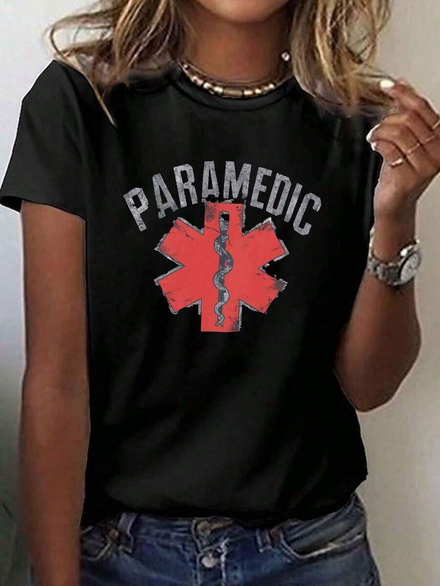 Women's Casual Short Sleeve Crew Neck T-Shirt With Paramedic Red Star Of Life, Perfect For Spring And Summer - Unisex Vintage Urban Style, 100% Cotton Short Sleeve Crew Neck T-Shirt - 黑色 - 查看 1