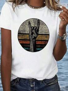 1 Piece Of Women's Casual Short-Sleeve T-Shirt With Vintage Rock And Roll Style Hand Gesture Graphic Print, Summer Fashion Top, 210g, 100% Cotton, Designs Are Fully Printed. Unisex. - 白色的 - 查看 6