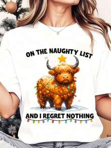 Women's T-Shirt With Highland Cow Print And Christmas Lights On The Bad List And I Don't Regret Anything, Round Neck, Casual Daily Wear, Soft And Comfortable, Christmas Theme, 220g, Loose Fit T-Shirt For Women - 白色 - 查看 7