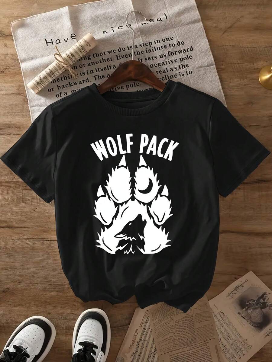 Camiseta de mujer con la inscripción "WOLF PA", diseño de huella de lobo, ropa de primavera/verano 2026, camiseta de manga corta de algodón puro a la moda para mujer, elegante camiseta de manga corta de algodón puro para fiesta 1409, tops para salir de noche para mujer. - Negro - Ver 1