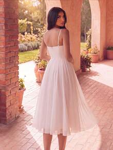 Faeriesty Elegant White V-Neck Ruffle Midi Dress - High Waist A-Line Chiffon Summer Dress Suitable For Party, Beach, Vacation, Wedding Spring - White - View 2