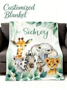 Personalized Name Fleece Blanket, Watercolor Wild Animal Jungle And Green Leaf Print, Soft And Comfortable Custom Throw Blanket, Suitable For Baby Nursery And Children's Bedroom - Multicolor - View 4