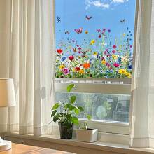 1pc Colorful Wild Flowers & Butterflies Glass Window Sticker, Self-Adhesive Home Window Decor - A - View 5