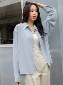 Camisa con botones y hombros caídos, blusa de manga larga para mujer en otoño - Azul 2 - Ver 4