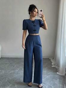 Conjunto de 2 piezas para mujer con efecto de mezclilla y mangas abullonadas elegantes en azul - Azul - Ver 1