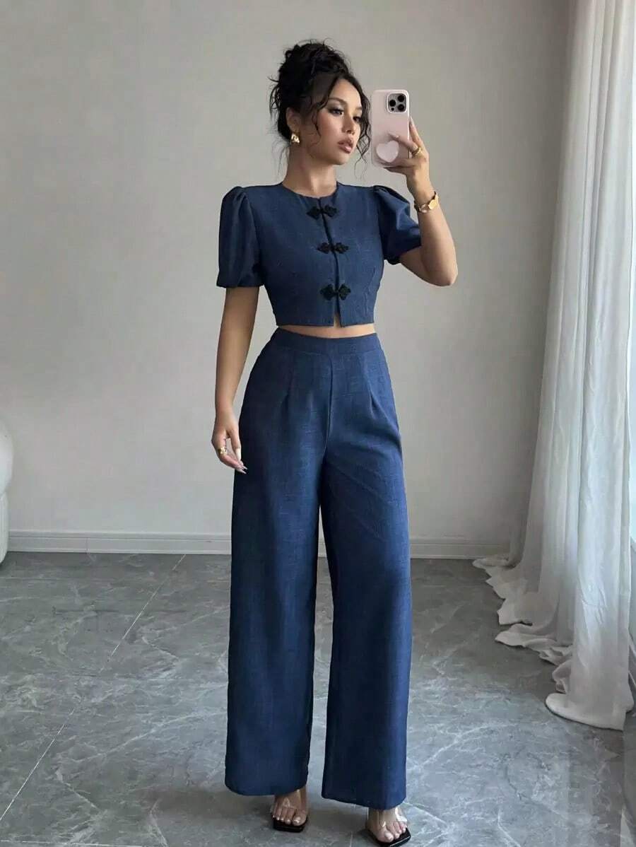 Conjunto de 2 piezas para mujer con efecto de mezclilla y mangas abullonadas elegantes en azul - Azul - Ver 1