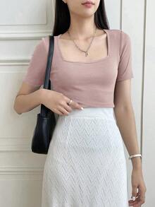 Camiseta de punto acanalado con cuello cuadrado, tops cortos para mujer tops lindos - Rosa - Ver 3