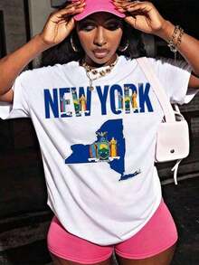Mujeres Estadounidense Estilo Desvanecimiento Resistente Corto Manga T Camisa Nuevo York Carta & Nuevo York Estado Mapa Gráfico Imprimir Informal Superior, Cómodo Versátil Tee Adecuado Para Diario Ropa Y Deportes, Ideal Regalo Elección Para Damas-Vintage Calle Estilo Unisexo Suelto Algodón Corto Manga Tripulación Cuello Camiseta para mujer, ropa fresca de verano - Blanco - Ver 5