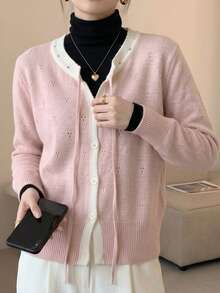 JIANHU 新款春季甜美圆领针织开衫女短款休闲抽绳毛衣外套，清新时尚粉色 - 粉色 - 查看 1