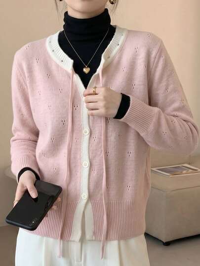 JIANHU 新款春季甜美圆领针织开衫女短款休闲抽绳毛衣外套，清新时尚粉色